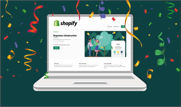 Graphic of laptop with Regreener Shopify app open covered in confetti